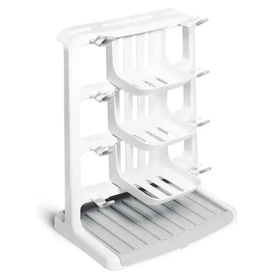 Vertical bottle drying rack with three tiers and a gray base, designed for drying baby bottles and accessories.
