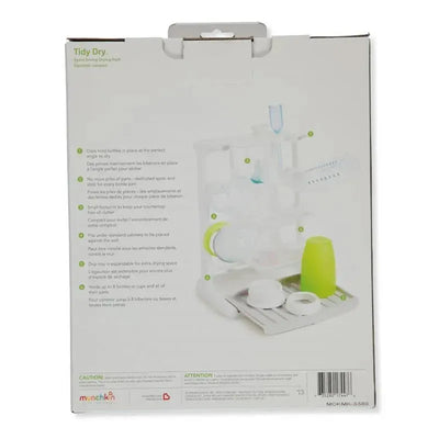 Tidy Dry vertical bottle drying rack by Munchkin, featuring a compact design with clips for baby bottles and accessories.