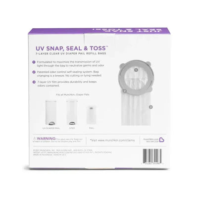7-layer clear UV diaper pail refill bags by Munchkin, promoting odor control and ease of use, fits all Munchkin diaper pails.