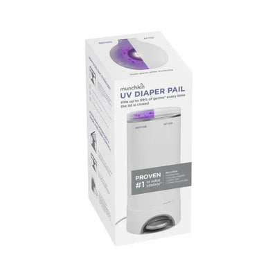 Munchkin UV Diaper Pail packaging featuring modern design; text highlights germ-killing features and odor control.