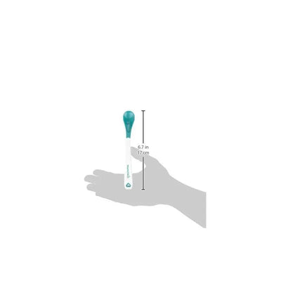 Munchkin White Hot Infant Spoon held in a hand, measuring 6.7 inches, featuring a blue tip and white handle.