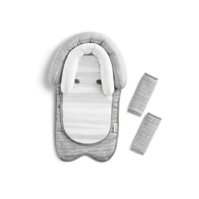 Grey Munchkin Xtraguard Antimicrobial Head Support with two matching strap covers, featuring soft padding and safety straps.