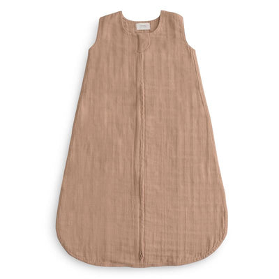 100% organic cotton muslin baby wearable blanket in a natural, beige color with a front zipper and sleeveless design.