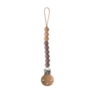 BPA-free silicone baby pacifier clip featuring wooden and silicone beads in shades of brown and gray.