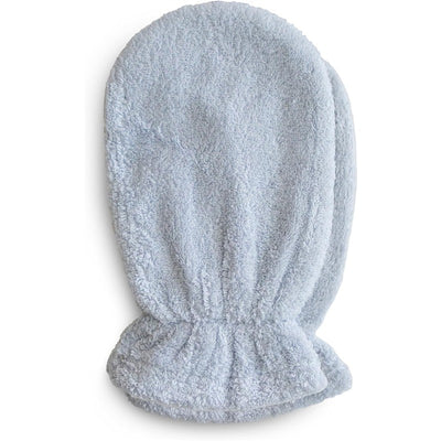 Soft baby blue bath mitt set for infants, featuring a plush texture and gathered wrist design for easy use during bath time.