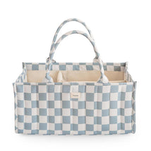 Mushie Baby Diaper Caddy in blue and white checkered pattern, designed to organize newborn essentials.