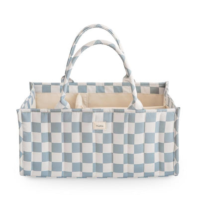 Mushie Baby Diaper Caddy in blue and white checkered pattern, designed to organize newborn essentials.