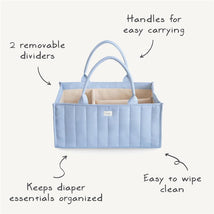Ivory Mushie Baby Diaper Caddy features two removable dividers, handles for easy carrying, and is easy to clean.