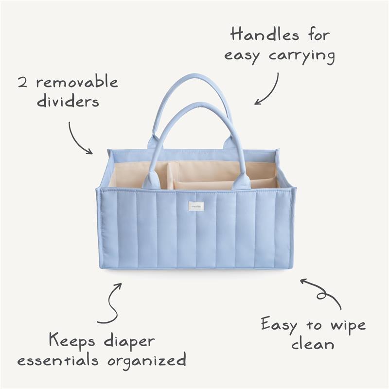 Light blue Mushie Baby Diaper Caddy with two removable dividers and handles, designed to organize diaper essentials.