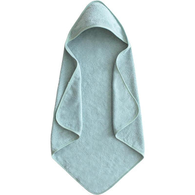 Hooded towel in sea mist color, made of organic cotton, soft texture and designed for babies.