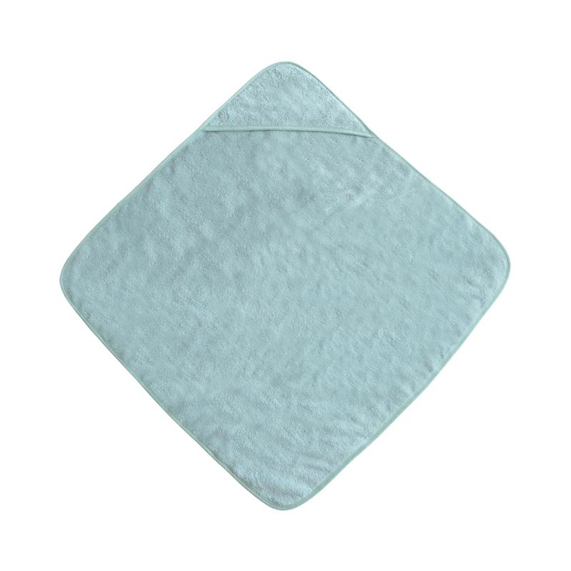 Organic cotton hooded towel in sea mist color, featuring a soft, textured surface and rounded corner.