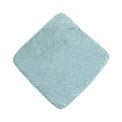 Organic cotton hooded towel in sea mist color, featuring a soft, textured surface and rounded corner.