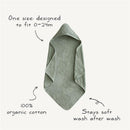 Hooded towel in sea mist color made from 100% organic cotton, designed for infants 0-24 months, soft after multiple washes.
