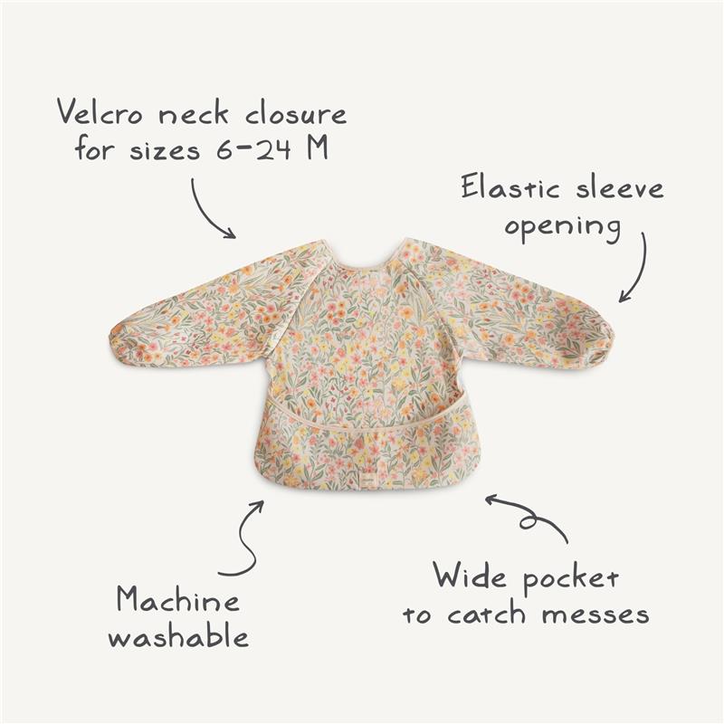 Long sleeve baby bib featuring a floral design, Velcro neck closure, elastic sleeves, machine washable fabric, and a wide pocket.