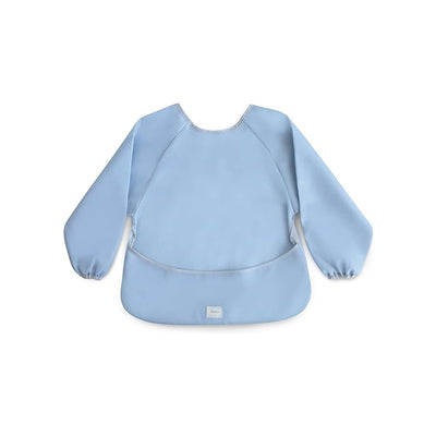 Long sleeve bib in light blue color with elastic cuffs and a large front pocket, ideal for mealtime protection for children.