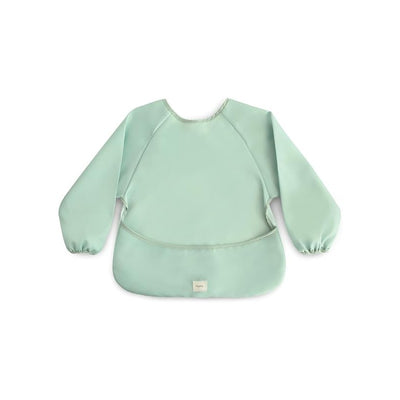 Long sleeve bib in Roman Green, featuring elastic cuffs and a curved bottom for food catchment.