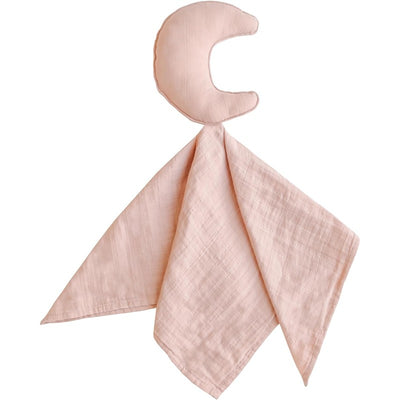 Mushie Moon Lovey in Blush, featuring a crescent-shaped head with soft fabric and a triangular blanket attachment.