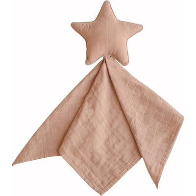 Mushie Star Lovey is a soft, natural fabric toy featuring a star-shaped head and a large, triangular blanket body.