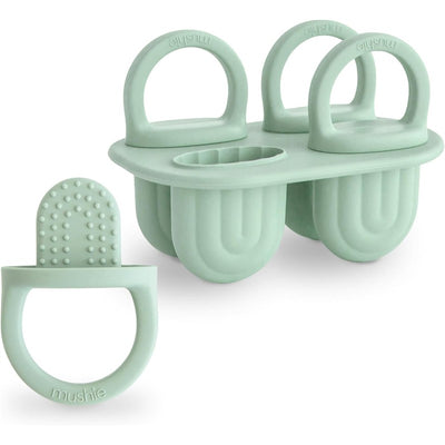 Mushie silicone ice pop tray in Cambridge Blue, featuring three mold compartments and a textured holder for easy grip.