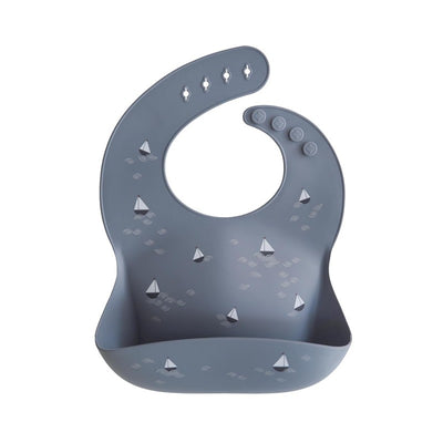 Silicone baby bib in gray featuring a boat design, designed to catch food spills and protect clothing.