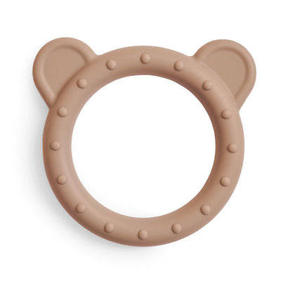 Mushie Silicone Bear Teether in natural color, featuring a round shape with bear ears and textured bumps for grip.