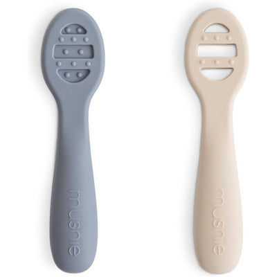 Mushie Silicone First Feeding Baby Spoons 2 Pack - Tradewinds & Shifting Sand Image 1
