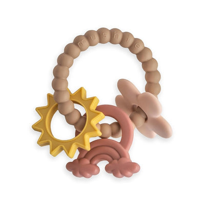 Silicone teething ring featuring a yellow sun, pink rainbow, and textured beaded handle designed for infants.