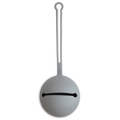 Silicone pacifier holder case in stone color, featuring a round design with a slit and a hanging loop for easy attachment.