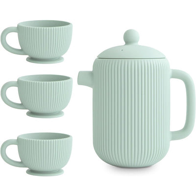 Silicone tea play set in Cambridge Blue featuring a ribbed teapot and three matching cups.