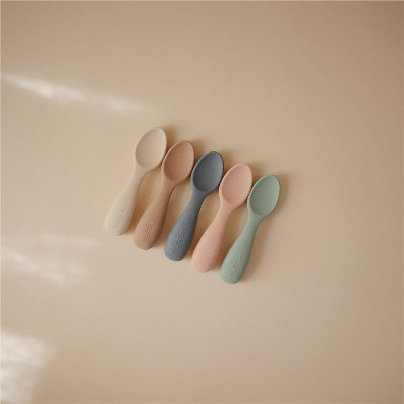 Mushie - Silicone Toddler Starter Spoons, 2 Pack, Cambridge Blue/Shifting Sand Image 6