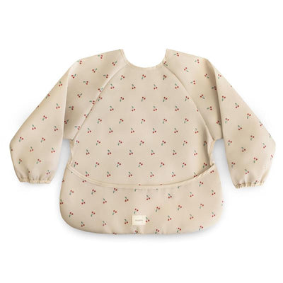 Water-resistant long sleeve baby bib featuring a cherry pattern and adjustable fit, designed for mealtime protection.
