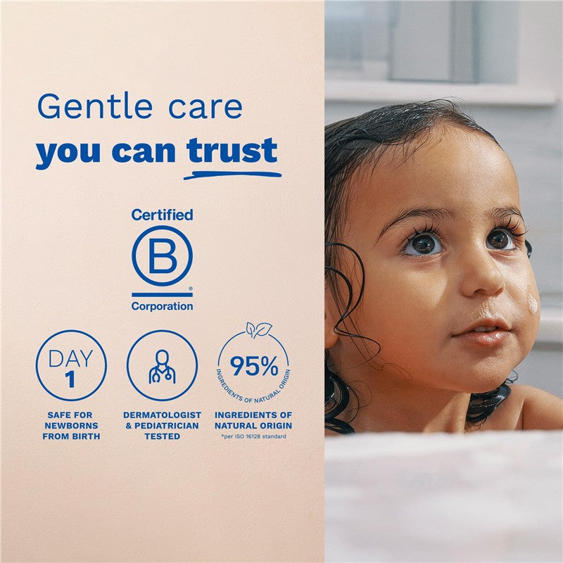 Mustela 2 in 1 Cleansing Gel packaging featuring a child with wet hair; highlights safety for newborns and natural ingredients.