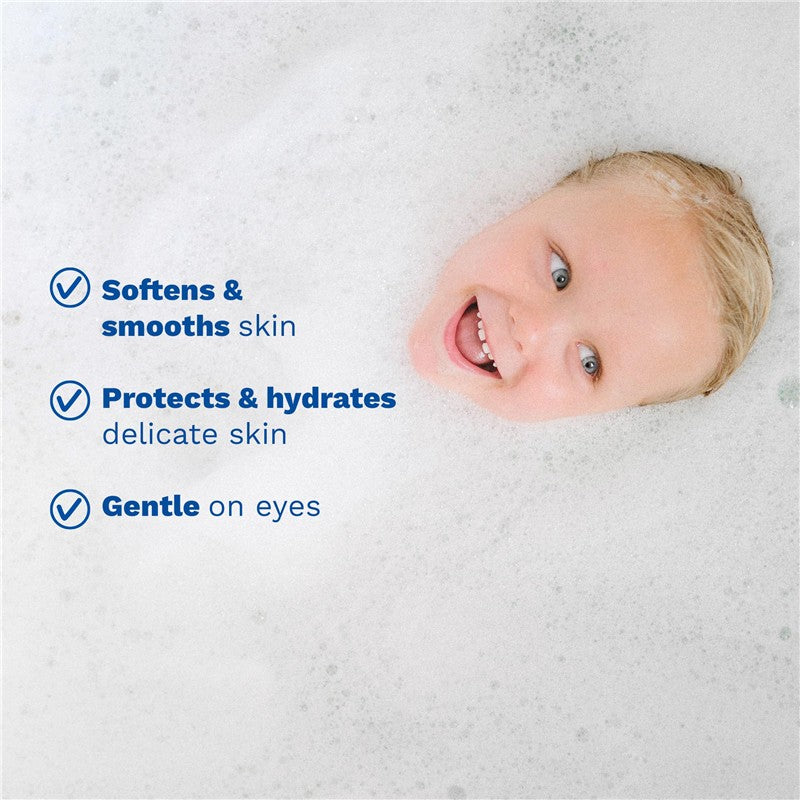 Cleansing gel advertisement featuring a smiling child in a bath of bubbles, highlighting three benefits: softens skin, hydrates delicate skin, and gentle on eyes.