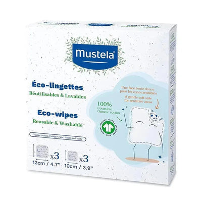 Reusable and washable eco-wipes by Mustela, featuring organic cotton, suitable for sensitive baby skin.