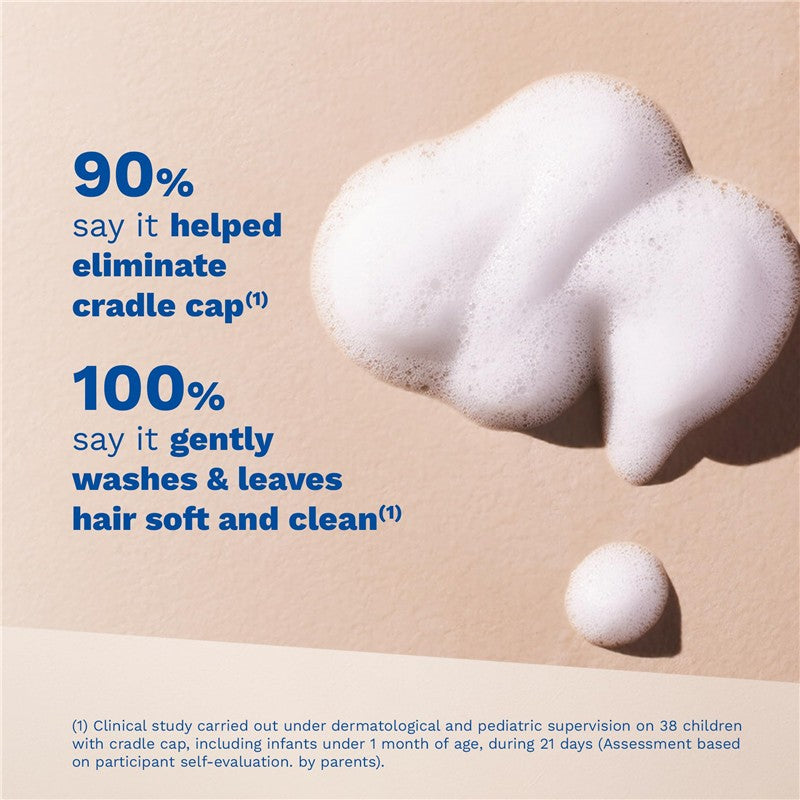 Foam from Mustela Foam Shampoo for Newborns, highlighting benefits of eliminating cradle cap and leaving hair soft.