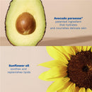 Avocado half showing seed with text about avocado perseose® and sunflower oil benefits for delicate skin hydration.