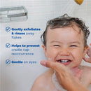 Mustela Foam Shampoo for Newborns, 5.07 fl oz, being used on a smiling baby during a bath, with key benefits listed.