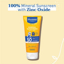 Mustela Mineral Sunscreen Lotion SPF 50, 3.38 fl oz, in a yellow tube labeled for face and body use, featuring mineral ingredients.