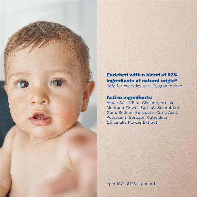Mustela Cicastela Moisture Recovery Cream shown next to a baby’s hand, with text listing active ingredients and benefits.