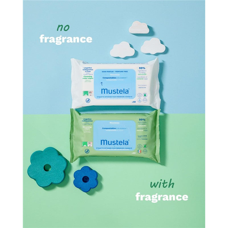 Mustela Compostable Cleansing Water Wipes package design featuring two variants: fragrance-free and with fragrance, alongside playful cloud shapes.