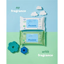 Mustela Compostable Cleansing Water Wipes package design featuring two variants: fragrance-free and with fragrance, alongside playful cloud shapes.
