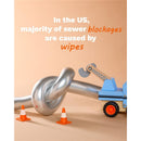 Cleansing water wipes are represented in a playful image featuring a twisted pipe and a toy truck with a crane, emphasizing sewer blockages.