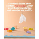 Compostable cleansing wipes hanging from a wooden stick, surrounded by colorful wooden fish, highlighting eco-friendly messaging.