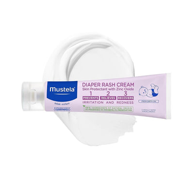 Mustela Diaper Rash Cream tube, labeled as a skin protectant with zinc oxide, for preventing and relieving irritation.