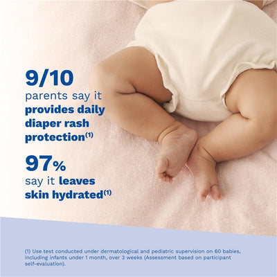 Mustela Diaper Rash Cream 123 tube next to a baby’s legs, highlighting claims about diaper rash protection and skin hydration.