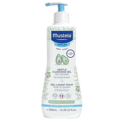 Mustela Gentle Cleansing Gel 500 ml, suitable for hair and body, featuring avocado as an active ingredient.