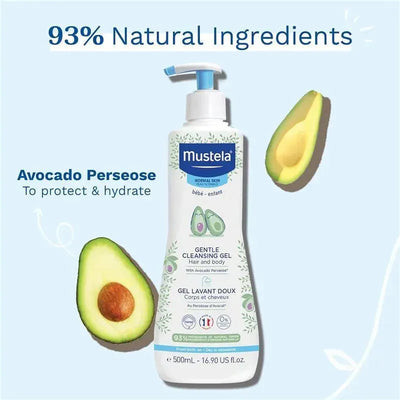 Gentle Cleansing Gel by Mustela in a 500 ml bottle, highlighting avocado extract and 93% natural ingredients for hair and body.