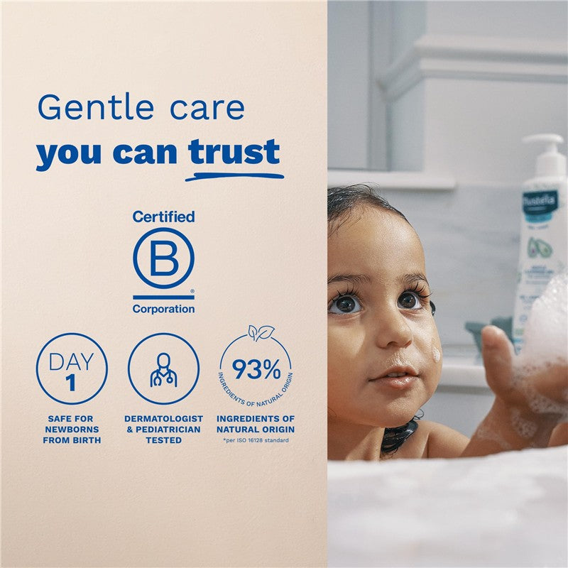 Mustela Gentle Cleansing Gel bottle beside a child in a bath, highlighting gentle care and natural ingredients.