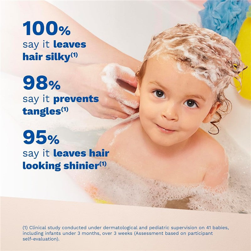 Mustela Gentle Shampoo 6.76 fl oz, shown on a child with foamy hair, highlights benefits: 100% say it leaves hair silky, 98% say it prevents tangles, 95% say it leaves hair shinier.