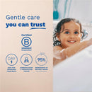 Mustela Gentle Shampoo label with a smiling child in a bath, emphasizing gentle care, safety for newborns, and natural ingredients.
